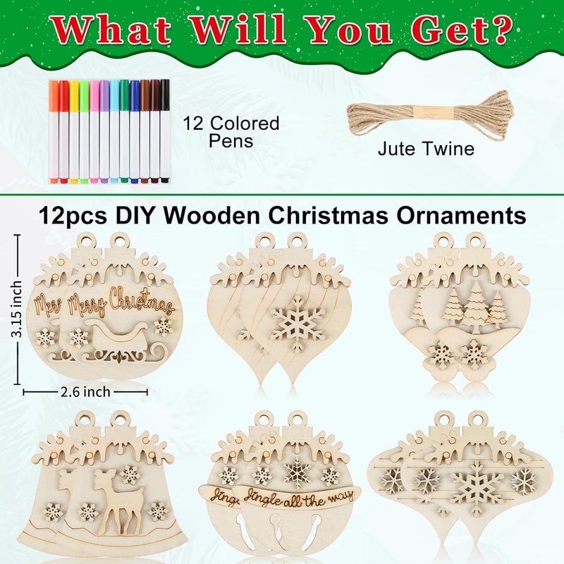 Worgree 12 Pcs DIY Wooden Christmas Ornaments, Christmas Crafts for Kids Ages 4-8 8-12 Art Craft Supplies Painting Kit for Boys Girls Stocking Stuffers Party Favors Gifts Hanging Xmas Holiday Home Decor - Image 5